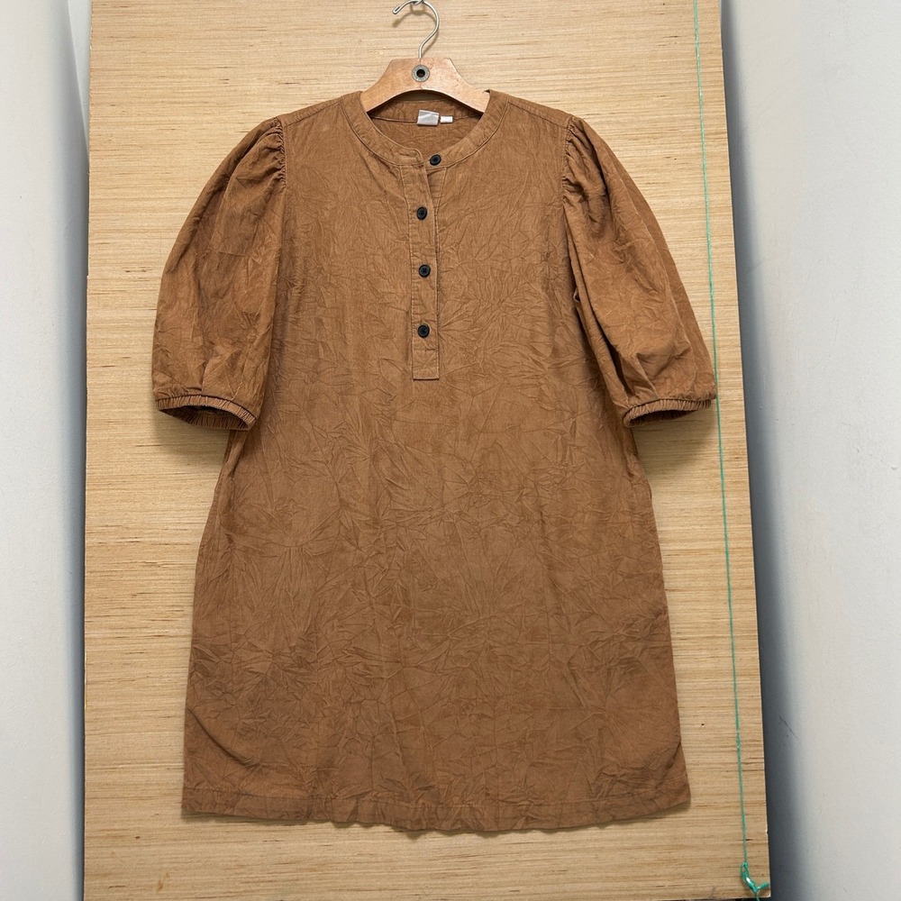 Gap Womens Cognac Brown Crushed Corduroy Puff Sleeve Henley Mini Dress Small